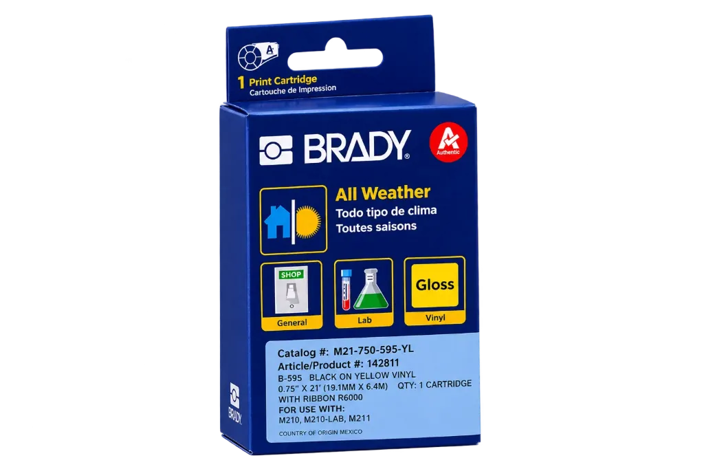 Cartouche d'étiquettes Vinyle Brady B-595 Blanc sur Noir (19,1 mm x 6,4 m) pour M210 / M211 - Réf. 142797